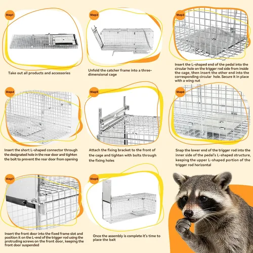 Vista 8 de Jaula de trampa para animales vivos plegable de 37" Jaula de trampa de animales para mapaches, gatos callejeros, gatos pequeños y zorros pequeños