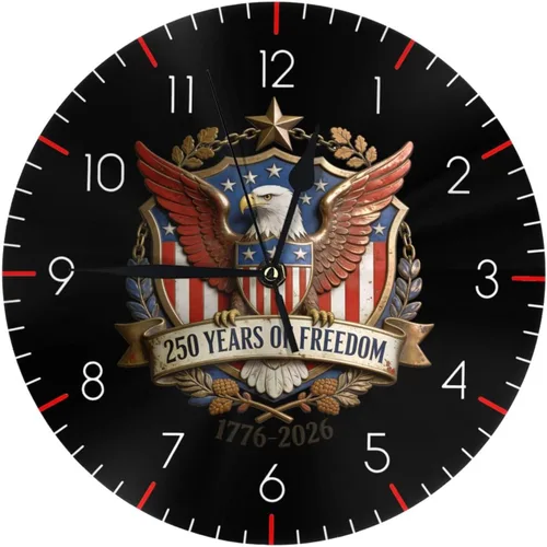 Vista 22 de Reloj de pared redondo 1776-2026, conmemorativo, silencioso, sin tictac, funciona con pilas, reloj de escritorio silencioso de cuarzo águila