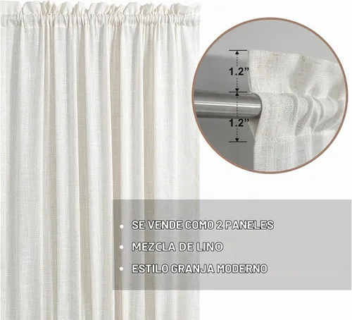 Vista 2 de KOUFALL Juego de 2 cortinas de puerta francesa, cortinas de lino para puerta/ventana, cortina transparente boho para cristal lateral delantero