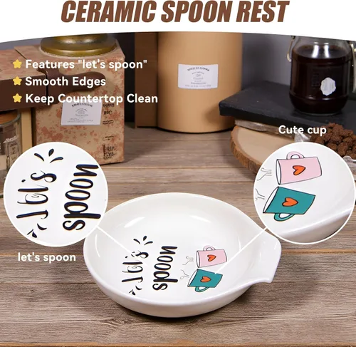 Vista 3 de Let's Spoon - Soporte para cuchara de cerámica para cafetería y cocina, 3.5 x 3.9 pulgadas, soporte para cuchara pequeña para estufa, bonito