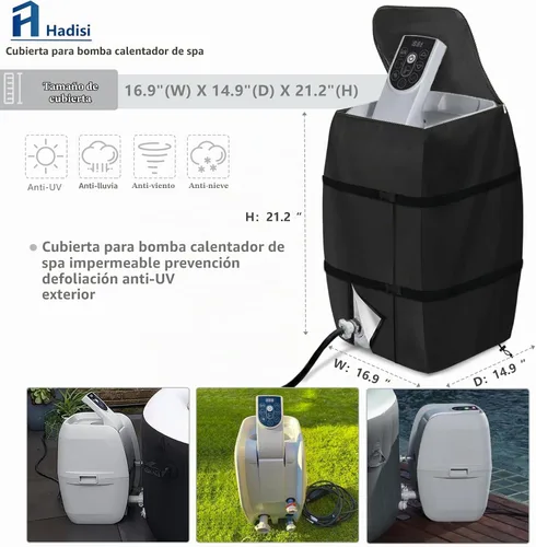 Vista 2 de Cubierta de la bomba del calentador de hidromasaje, cubierta impermeable de la bomba aislada para múltiples marcas (negro, cuadrado)