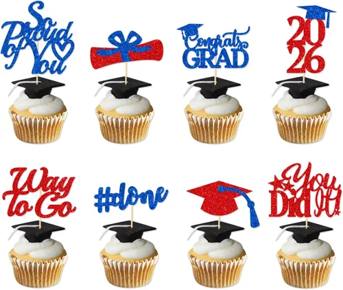 Vista 16 de Decoraciones de graduación 2026 azul, adornos para cupcakes de graduación 2026 azul y negro, suministros de decoración para cupcakes clase de 2026