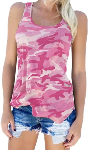 Vista 10 de Lindas camisetas deportivas sin mangas de camuflaje para correr, para entrenamiento, gimnasio, espalda cruzada, para mujer Camo Verde