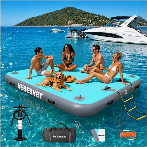 Vista 8 de Muelle inflable con rampa de agua, muelle flotante inflable antideslizante de 6 pulgadas de grosor para perros y adultos, plataforma flotante