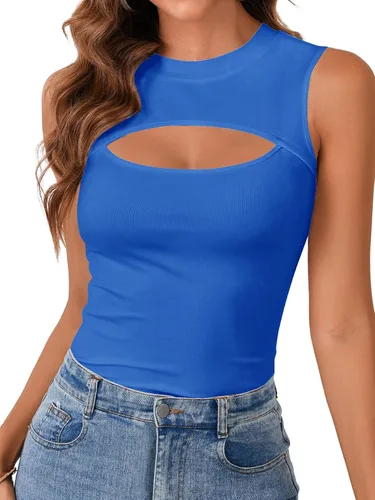 Vista 16 de Vrtige Camiseta sin mangas sexy con cuello redondo para mujer, de punto acanalado, sin mangas, ajustada