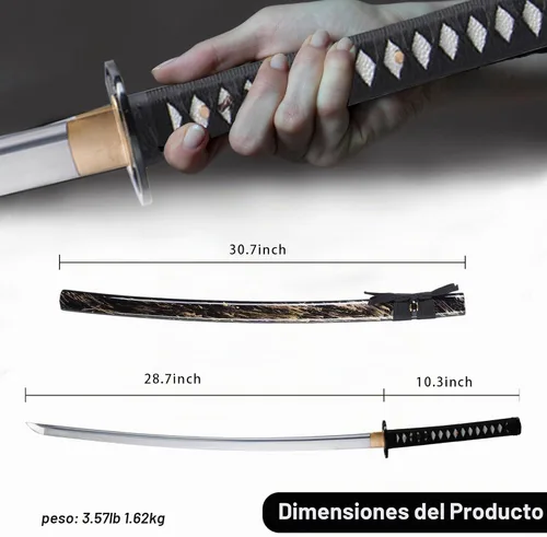 Vista 2 de Katana de entrenamiento, espada tradicional hecha a mano, Katanas de espiga completa de acero de resorte 9260, auténticas espadas samuráis Negro