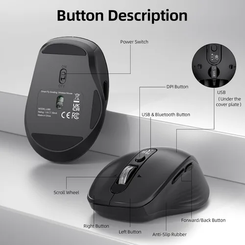 Vista 8 de INFINMIND Ratón Bluetooth inalámbrico, multidispositivo (BT1/BT2 + USB de 2.4 G) para laptop, iPad y Mac, desplazamiento de 4 vías con botones