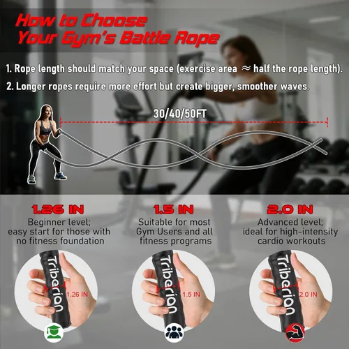 Vista 4 de Cuerda de batalla para entrenamiento de gimnasio en casa, 1.26 pulgadas, 30 pies, cuerdas de ejercicio de entrenamiento pesadas, equipo de fitness