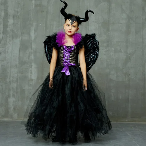 Vista 2 de Disfraz de bruja de Halloween para niñas y niñas, disfraz de disfraz de lujo con alas y cuernos
