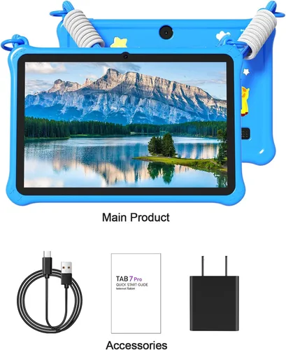 Vista 9 de PRITOM Tablet infantil de 7 pulgadas con cordón, tableta Android 13 de 32 GB con WiFi, cámara dual, educación, juegos, software para niños Azul
