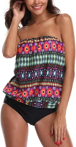 Vista 5 de Chenghe - Tankini de dos piezas para mujer con parte superior estilo blusón Bandeau y parte inferior modesta de talle alto
