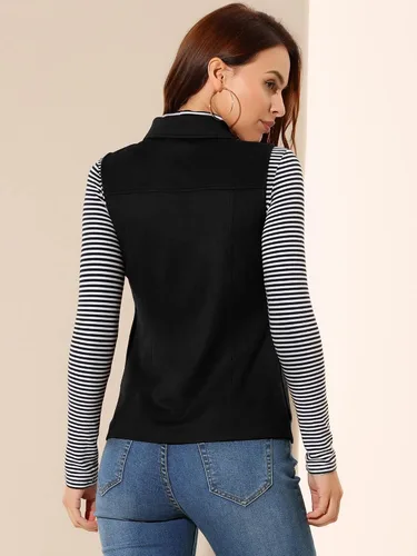 Vista 5 de Allegra K Chaleco de gamuza sintética para mujer, chaqueta sin mangas con botones y bolsillo tipo cargo