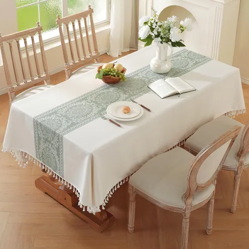 Vista 8 de Pahajim Mantel de lino rústico rectangular con borlas a rayas de algodón para mesa de cocina y comedor, cuadrada, 55 x 55 pulgadas, 4 asientos