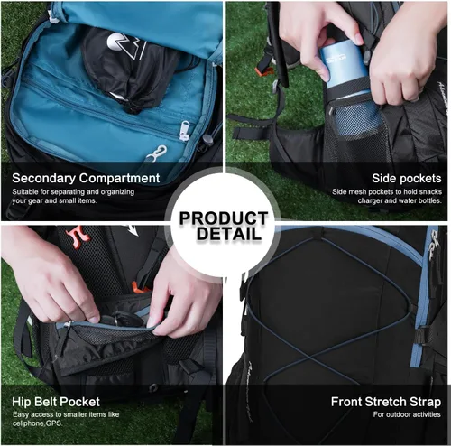 Vista 7 de MOUNTAINTOP Mochila de senderismo 40L, mochila ligera al aire libre Negro+Azul