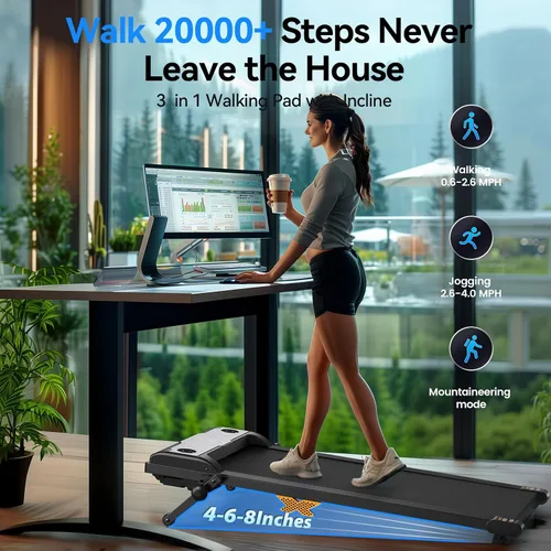 Vista 2 de Walking Pad with Incline, 2.5HP Under Desk Treadmill, 3 in 1 Portable Treadmill with Remote Control, LED Display, Hidden Safety Switch, Mini Walking