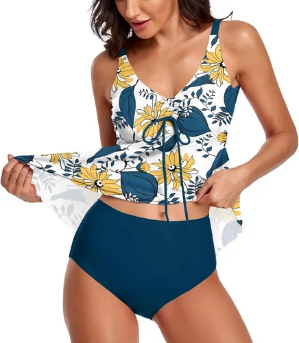 Vista 2 de Trajes de baño tankini para mujer, 2 piezas, blusa sin mangas, con parte inferior de bikini