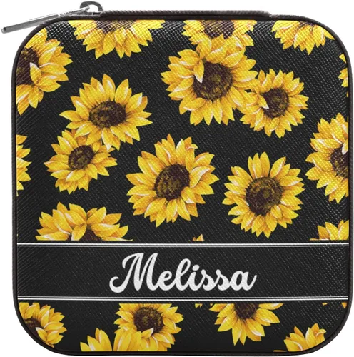 Vista 2 de Joyero de viaje personalizado con girasoles, de piel sintética, caja de joyería portátil personalizada, organizador de viaje, pequeña caja