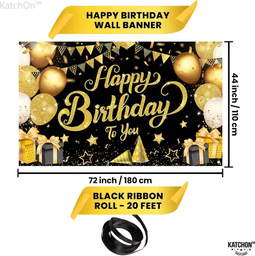 Vista 2 de KatchOn, Cartel de feliz cumpleaños negro y dorado, extragrande, 72 x 44 pulgadas, pancarta de fondo negro y dorado para decoraciones de feliz