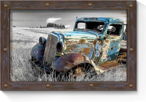Vista 10 de SunFlax Arte de Lienzo de Pared de Carro Oxidado: Obra de Arte de Camión Azul Viejo Cuadro Rústico de Automóvil Pintura Vintage de Campo Antigua