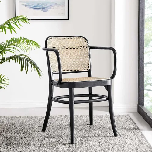 Vista 2 de Modway Winona - Silla de comedor de madera de olmo con asiento de ratán de caña en color negro, 21 x 22,5 x 32