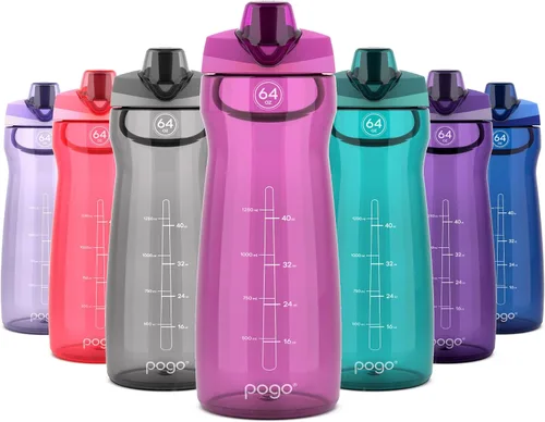 Vista 23 de Pogo Botella de agua de plástico tritán sin bisfenol A con tapa con pico de 18 onzas, color azul