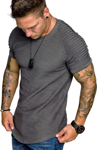 Vista 14 de COOFANDY Camiseta Muscular para Hombre de Manga Raglán Plisada Camiseta de Culturismo para Gimnasio Manga Corta Camisas de Entrenamiento de Moda