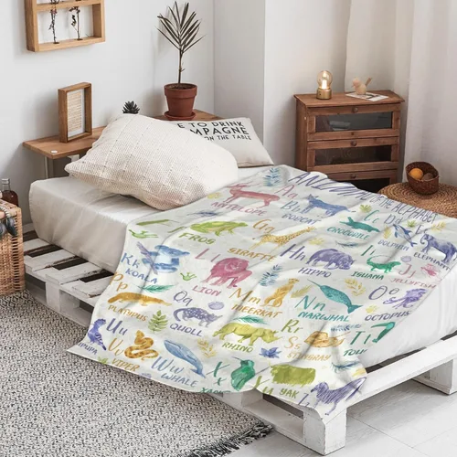 Vista 8 de Manta de franela con diseño del alfabeto de animales, súper suave, ligera, para niños, adultos, adecuada para sofá, cama, campamento, viajes, todas