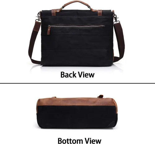Vista 4 de Bolsa de mensajero para portátil de 15.6 pulgadas para hombres, lona encerada, vintage, de cuero, maletín de negocios, bolsas de hombro impermeables