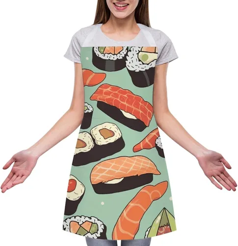 Vista 3 de MUSM Sushi Food Pattern Apron，Classic Vintage Funny with Pockets Aprons,Adjustable Bib Waterdrop Resistant for Kitchen Cooking Restaurant BBQ