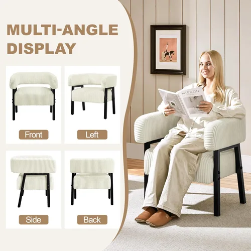 Vista 6 de Yaheetech Silla decorativa de pana con diseño de barril, moderno sillón tapizado con patas de madera maciza, acogedora silla de ocio con asiento