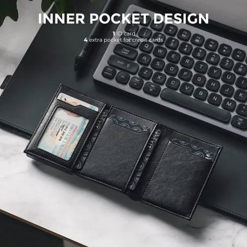 Vista 18 de VULKIT Cartera con tarjetero para hombre, con cierre magnético, bloqueo RFID, billetera de cuero triple, marino, Moderno