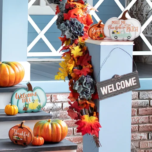 Vista 5 de Jetec 4 piezas de decoración de otoño para decoración de Acción de Gracias, letreros de calabaza de madera rústica para decoración de bandejas
