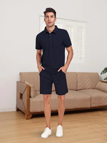 Vista 2 de WIGUREN Conjunto de camisa polo y pantalones cortos para hombre, conjunto de 2 piezas, de verano, casual, de punto gofre, de manga corta, para hombre