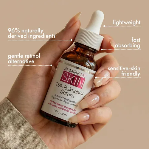 Vista 4 de Admire My Skin Suero Bakuchiol, alternativa natural de suero de retinol para la cara, suero facial antimanchas antienvejecimiento contiene aloe