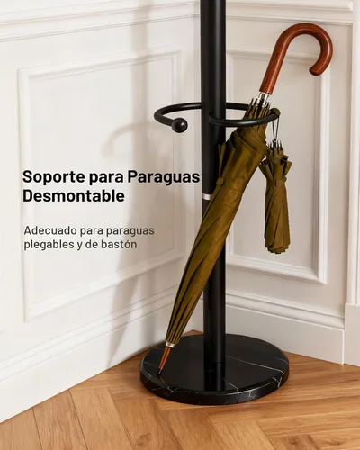 Vista 7 de Pipishell Perchero de metal resistente con base de mármol resistente, con 16 ganchos y soporte desmontable para paraguas, perchero independiente