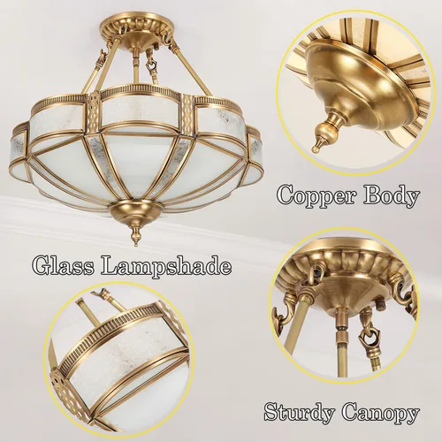 Vista 8 de Lámpara de techo de latón de 4 luces semiempotrada, candelabro dorado para comedor, lámpara de techo de vidrio esmerilado, luz empotrada moderna