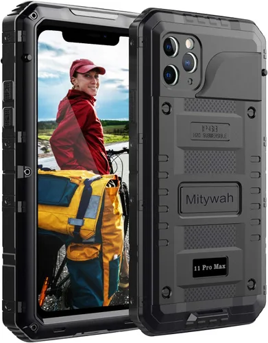 Vista 23 de Mitywah Funda impermeable para iPhone 11, resistente y duradera, de metal, protección de pantalla integrada, impermeable, a prueba de golpes, a Negro