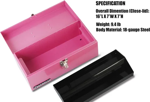 Vista 3 de Caja de herramientas portátil de acero resistente de 16" calibre 18 con pestillo de metal y mango rosa