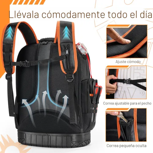 Vista 6 de Mochila de herramientas Golkcurx, mochila resistente para herramientas, bolso de herramientas de 1680D para electricistas, con base moldeada