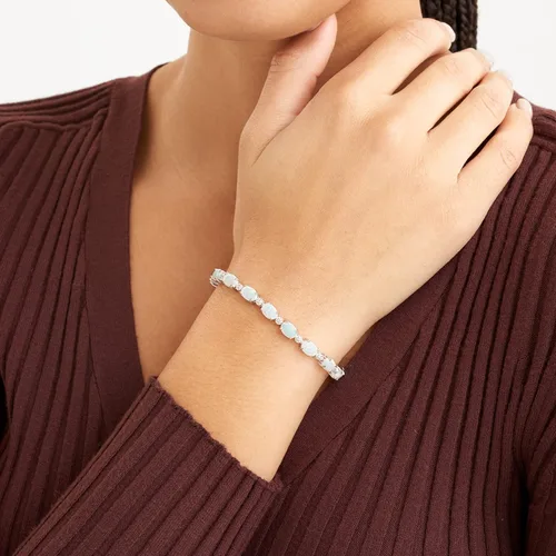 Vista 2 de MORGAN & PAIGE Pulsera de tenis para mujer, diamantes y piedras preciosas ovaladas, colores de piedra natal, plata de ley 925 pura con cierre seguro