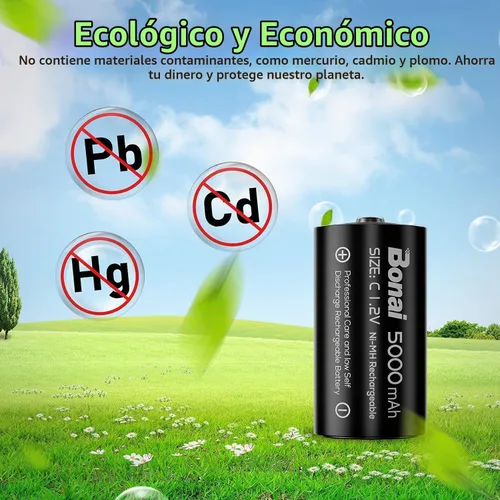 Vista 5 de BONAI Baterías C recargables, células C 5000mAh 1.2V Ni-MH de alta capacidad de tamaño C (paquete de 4)