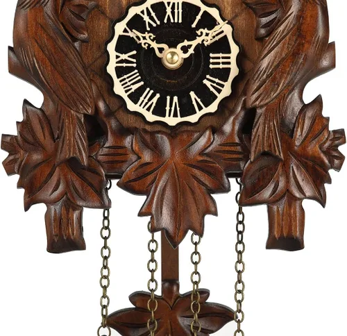 Vista 6 de Kintrot – Reloj de cuco, reloj de pared artesanal de madera de bosque negro tradicional con péndulo de hoja de arce, cuarzo, 12 melodías, sensor
