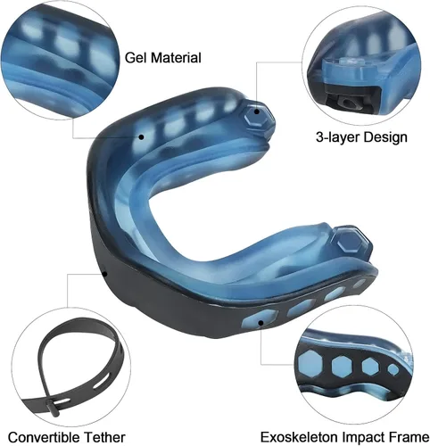 Vista 2 de Paquete de 2 protectores bucales de fútbol con correa, protector bucal suave para jóvenes y adultos, protector bucal deportivo para rugby, hockey