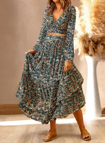 Vista 2 de Dokotoo Vestido bohemio de 2 piezas con cuello en V profundo para mujer, conjuntos de falda de manga larga abombada, con lazo en la cintura