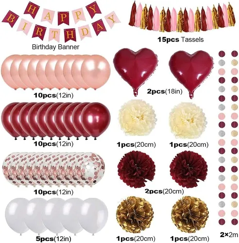 Vista 2 de Decoraciones de cumpleaños para mujer, decoraciones de fiesta de cumpleaños rosa con globos blancos, pancarta de feliz cumpleaños para despedida