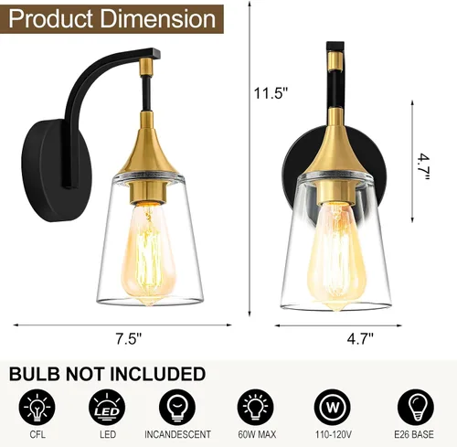 Vista 3 de Lámpara de pared de baño de 1 luz, lámpara de pared negra y dorada con pantalla de vidrio transparente, lámpara de pared moderna para interiores