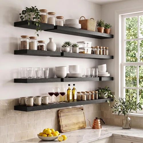 Vista 8 de Marsmiles 9.3 Inch Floating Shelves for Wall 2 Pack, 9.3" D Wood Grain Bathroom Shelves Black Finish