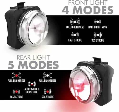 Vista 5 de OPTIKS 210 Luces de bicicleta delanteras y traseras USB recargables LED monopatín Longboard Bicicletas
