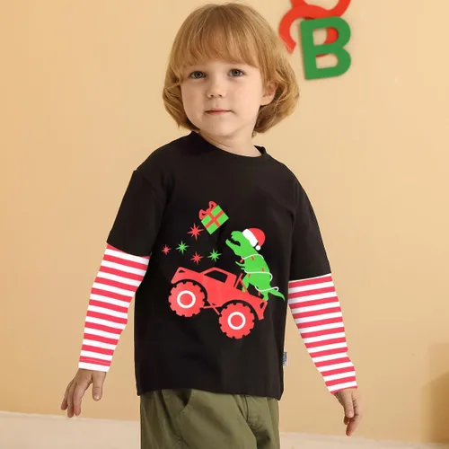 Vista 3 de Camisetas de Navidad para niños y niñas, camisetas de dinosaurio a rayas, camiseta de manga larga para niños, camiseta de camión para niños