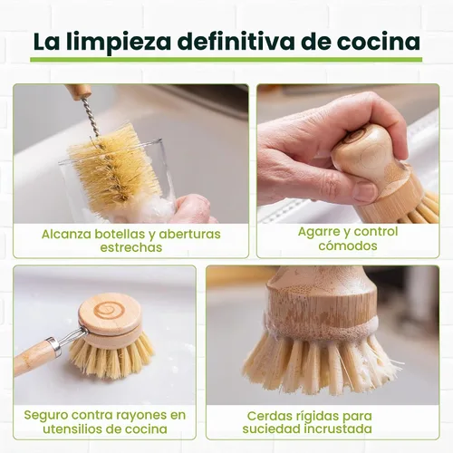 Vista 3 de Tieralia Juego de 5 cepillos de bambú para platos, kit de limpieza de cocina ecológico con cepillo para botellas, cepillo largo para platos